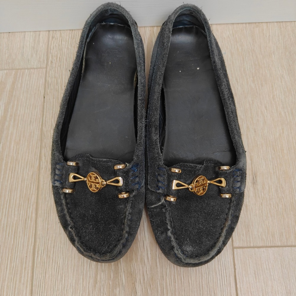 Tory Burch Daria Shoes Womens 7M Gray Suede Gold Logo Loafers Preppy Classic - Picture 4 of 11